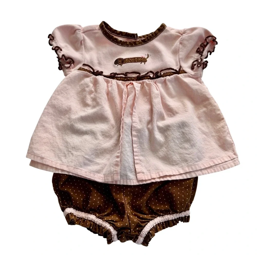 VTG Gymboree Baby Girl Pink Brown Dachshund Dog Polka Dot Bloomer Set 0-3 Months
